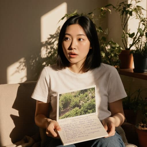 20대 아시아계 여성이 편안한 티셔츠와 청바지를 입고 아늑한 거실에 앉아 정원의 식물에 대한 노트를 들고 있습니다. 그녀는 당황한 표정을 짓고 있으며, 창문을 통해 햇빛이 쏟아져 들어오고 화분으로 가득한 따뜻하고 아늑한 분위기를 강조합니다.