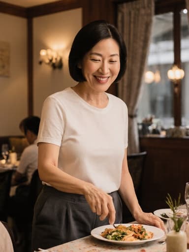 40대 아시아계 여성의 반신 사진으로, 편안한 캐주얼 의상인 티셔츠와 슬랙스를 입고 있으며, 평온한 표정을 띠고 미소를 지으며 식탁에 놓인 음식을 손으로 집어먹고 있습니다. 아늑한 레스토랑 내부에서 가족과 함께하는 따뜻한 식사 분위기를 표현하고 있습니다. 배경은 초대하는 레스토랑 인테리어로, 식사 중의 소중한 순간을 강조합니다.