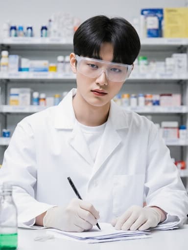 자신감 넘치는 10대 초반 한국 남성이 흰색 실험복과 안전 장비를 입고, 약품이 진열된 약국 내부에서 노트를 작성하며 집중하는 모습의 반신 촬영입니다. 자연스러운 외모와 표정은 결단력과 전문성을 잘 드러내며, 약국의 임상적이면서도 활기찬 분위기와 완벽하게 어우러집니다.
