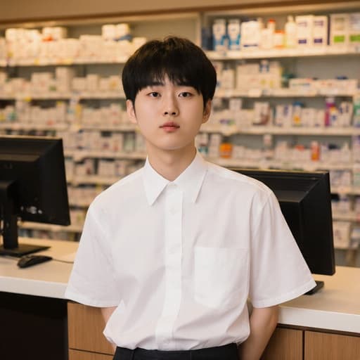 10대 초반 아시아계 남성이 약사 유니폼을 입고 약국 카운터에 기대어 지루한 표정을 짓고 있는 반신 사진입니다. 배경에는 약품이 잘 정리된 선반과 컴퓨터가 있는 약국 내부가 보이며, 자연스러운 조명이 전문적인 분위기를 강조합니다.