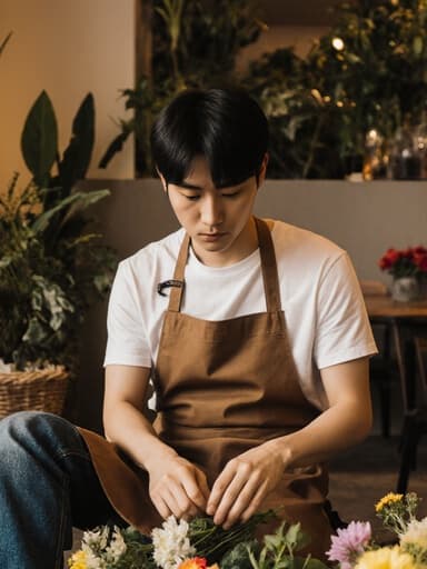20대 동양인 남성이 깔끔한 작업용 앞치마를 입고 아늑한 카페의 바닥에 앉아 꽃을 조심스럽게 정리하고 있습니다. 그는 진지한 표정으로 따뜻한 조명과 다양한 식물들이 배치된 배경 속에서 작업하고 있습니다.