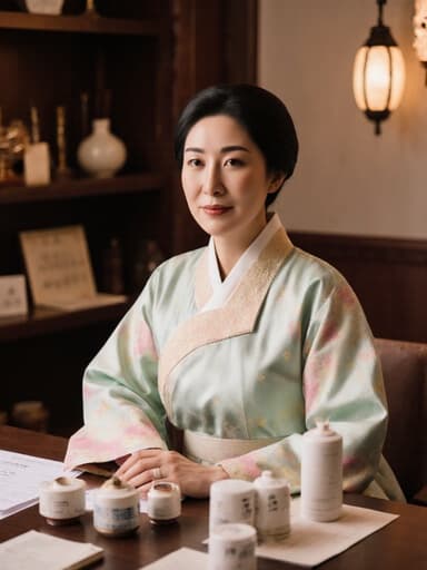 40대 유럽계 여성이 부드러운 색상의 전통 한복을 입고, 한의학 연구 자료가 놓인 테이블에 앉아 평온하고 편안한 분위기를 연출하는 모습의 반신 사진.