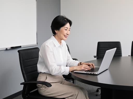60대 한국인 여성의 반신 촬영으로, 자연스러운 외모를 가진 그녀는 편안한 블라우스와 정장 바지를 착용하고 있습니다. 현대적인 회의 테이블에 앉아 노트북을 바라보며 긍정적인 미소를 짓고 있습니다. 배경은 화이트 보드와 여러 개의 의자가 배치된 세련된 디자인의 회의실로, 초대하고 전문적인 분위기를 자아냅니다.