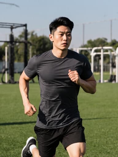 근육질의 20대 동양인 남성이 스포츠 티셔츠와 반바지를 입고 힘차게 달리는 모습을 담은 전체 몸샷입니다. 배경에는 잔디 운동장과 훈련 장비가 있어 그의 훈련 강도를 강조하며, 피로감과 결단력의 감정을 드러냅니다.