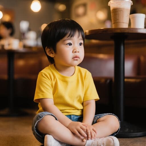 아늑한 카페에서 편안하게 앉아 있는 귀여운 3세 동양인 남아의 반신 사진. 밝은 색상의 티셔츠와 반바지를 입고, 무릎에 손을 얹고 약간 지루한 표정을 지으며 앉아 있는 모습과 테이블 위에 음료가 있는 따뜻한 카페 배경.