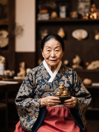 70대 아시아계 여성이 전통 한복을 입고, 전통 공예품을 손에 들고 천천히 걷고 있는 모습. 아늑한 카페 내부는 다양한 전통 공예품으로 꾸며져 있으며, 평온함과 문화유산을 담고 있습니다.
