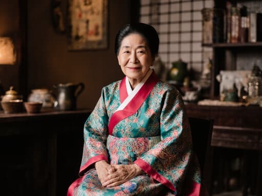80대 한국인 여성의 반신 촬영으로, 화려한 전통 한복을 입고 아늑한 찻집에 크로스 레그로 앉아 있습니다. 그녀는 지혜로운 표정과 부드러운 미소를 지으며, 손은 무릎 위에 놓여 있고, 따뜻한 조명과 전통 장식이 어우러져 있습니다.