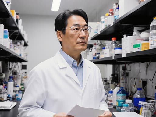 40대 아시아계 남성이 화이트 실험실 가운과 안전 안경을 착용하고 연구 자료를 들고 현대적인 실험실을 걷고 있는 반신 사진. 그는 깊은 생각에 잠긴 표정을 지으며 혁신과 탐구의 분위기를 전달하고 있습니다.