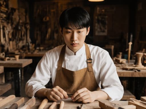 전통적인 목공 작업복을 입은 젊은 아시아계 남성이 나무 테이블에 앉아 도구를 들고 차분하고 집중한 표정을 짓고 있으며, 다양한 목재 요소가 가득한 아늑한 목재 카페의 따뜻한 배경이 조화를 이루고 있습니다.