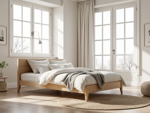 싱글 침대, 가구, 대형 창문이 있는 스칸디나비아 스타일 거실, 밝은 색상의 벽, 아늑하고 통풍이 잘 되는 초대