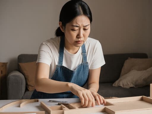 30대 아시아계 여성의 반신 사진. 캐주얼한 티셔츠와 청바지, 작업용 앞치마를 착용하고 있으며, 걱정스러운 표정을 지으며 테이블 위에 놓인 조립할 가구 부품을 만지고 있습니다. 아늑한 거실의 한쪽 구석에서 가구가 부분적으로 조립된 상태로, 친숙한 DIY 분위기를 만들어냅니다. 부드러운 조명이 공간의 따뜻하고 초대하는 느낌을 강화하며, 부품에 집중하는 여성의 모습이 작업을 완수하려는 결단력을 전달합니다.