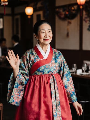 70대의 혼혈 여성의 전신 사진으로, 화려한 전통 한복을 입고 손을 약간 들어 올리며 춤추듯 걸어가고 있는 모습이며, 따뜻한 미소를 지으며 아늑한 카페의 전통적인 장식이 있는 배경을 가지고 있습니다.