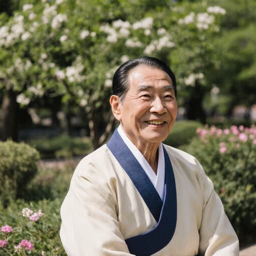 이 이미지는 전통적인 한복을 입고 친근한 미소를 짓고 있는 70대 아시아계 남성의 반신을 담고 있습니다. 그는 아름다운 공원에서 주변을 바라보며 따뜻한 감정을 발산하고 있으며, 푸르른 나무와 만발한 꽃들로 둘러싸인 평화롭고 초대하는 분위기를 만들어냅니다.
