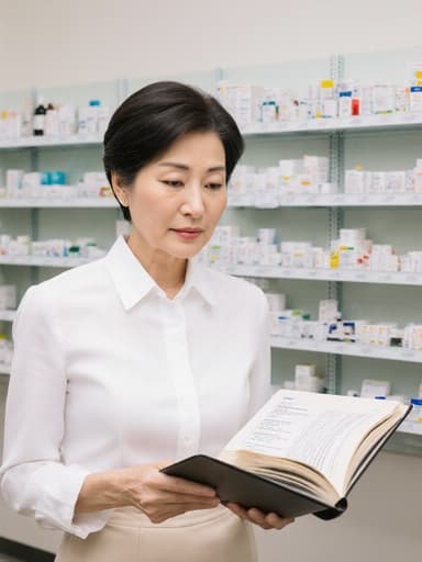 60대 한국인 여성이 고급스러운 표정을 지으며 자신감 넘치는 모습으로, 깔끔한 화이트 블라우스와 베이지색 스커트를 착용하고 약품 정보가 담긴 책을 우아하게 들고 집중해서 읽고 있는 반신 사진입니다. 배경은 다양한 약품이 진열된 약국 상담 공간으로, 전문적이고 친근한 분위기를 자아냅니다.