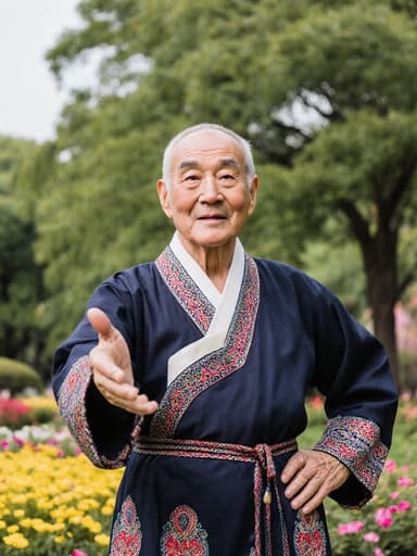 따뜻한 미소를 띤 70대 백인 남성이 전통 한복을 입고 있는 전신 사진. 한 손은 허리에 얹고 다른 손은 자연스럽게 펼쳐져 있습니다. 배경은 조화롭게 어우러진 나무와 꽃들이 있는 아름다운 공원으로, 평화롭고 생기 넘치는 분위기를 만들어냅니다.