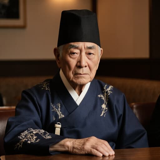 전통 한복을 입고 카페 테이블에 앉아 걱정스러운 표정을 지으며 깊은 생각에 잠긴 80대 한국인 남성의 반신 사진, 따뜻하고 아늑한 카페 분위기 속에서.