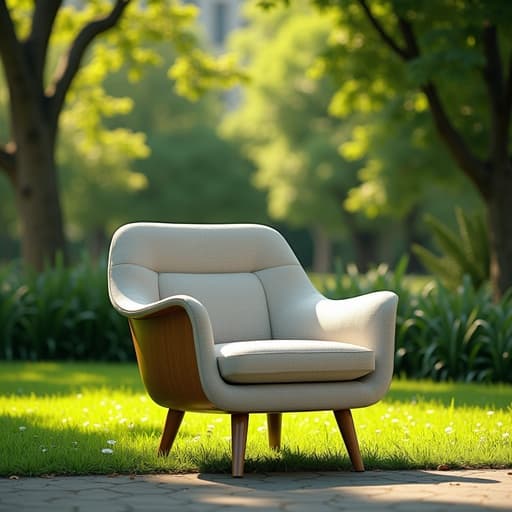 의자, 가구, 활기찬 도시 공원, 무성한 녹지, 나뭇잎 사이로 filtering 하는 부드러운 햇빛, 평온한, 초대하는, 현대적인