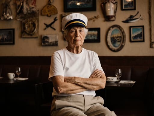 60대 혼혈 여성의 반신 사진으로, 어부의 삶을 이야기하는 장식이 있는 아늑한 카페에 앉아 있습니다. 그녀는 캐주얼한 티셔츠와 바지를 입고 어부 모자를 착용하며, 팔짱을 끼고 무관심한 표정을 짓고 있습니다. 따뜻한 조명과 초대하는 분위기가 장면의 평온한 기분을 더욱 강조합니다.