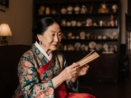 전통 한복을 입은 백인 여성의 반신 사진으로, 아늑한 거실에 앉아 손으로 만든 공예품을 바라보며 고마운 미소를 짓고 있으며, 따뜻한 조명과 문화적 장식이 둘러싸여 있습니다.