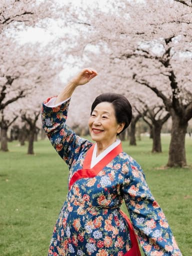 전통 한복을 입은 80대 아시아계 여성의 반신 사진으로, 화려한 패턴이 돋보이며, 푸른 잔디와 벚꽃 나무가 있는 공원에서 행복한 미소를 지으며 춤추고 있습니다.