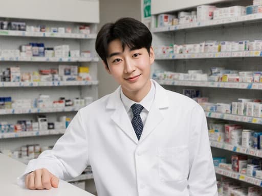 흰색 약사복을 입은 동양인 남성이 약국 카운터 옆에서 편안한 미소를 지으며 장난스럽게 몸을 살짝 기울이고 있습니다. 배경에는 약품과 건강 관련 자료들이 진열된 선반이 있어 따뜻하고 초대하는 약국의 분위기를 만들어냅니다.