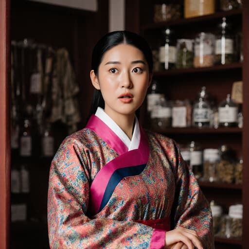 전통 한복을 입고 놀란 표정을 짓고 있는 10대 후반의 아프리카계 여성 모델이 아늑한 한의 진료실에서 환자와 상호작용할 준비를 하고 있는 모습으로, 한약재와 진료기구가 배경에 있습니다.