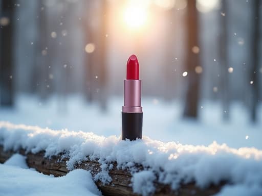 립스틱, 눈으로 덮인 통나무와 부드러운 눈이 내리는 겨울 숲, 평화롭고 고요하며 겨울 같은