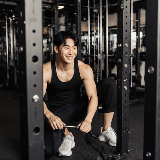 20대 아시아계 남성 모델이 밝게 웃으며 운동복과 운동화를 입고 트레이닝 기구를 정리하는 모습이 담긴 반신 사진. 잘 갖춰진 트레이닝 공간에서 그의 자연스러운 외모와 피트니스의 역동적인 분위기를 포착합니다.