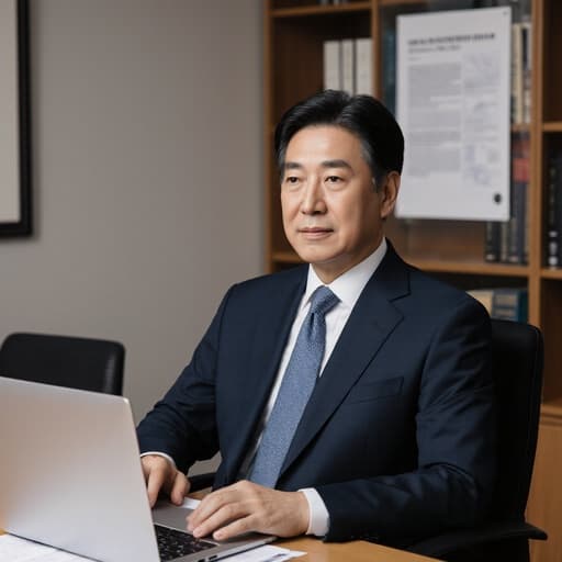 50대의 세련된 한국인 남성이 정장과 넥타이를 착용하고, 자신감 있는 표정을 지으며 다리를 뻗고 앉아 노트북이나 서류를 주의 깊게 바라보는 반신 촬영입니다. 학술회의실의 깔끔한 배경과 책장 및 학술 포스터가 전문적인 분위기를 더합니다.