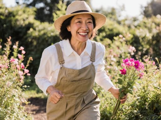 40대 아시아계 여성의 반신 샷으로, 자연스러운 외모를 가지고 있으며 편안한 정원 작업복과 모자를 착용하고, 햇살이 비치는 정원에서 꽃이나 식물을 들고 즐겁게 달리고 있는 모습입니다.