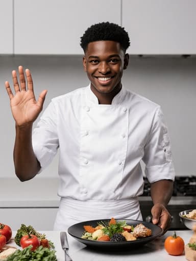 깔끔한 주방에서 음식을 서빙하며 미소짓고 있는 아프리카계 남성 요리사의 모습. 그는 흰색 요리사 복과 앞치마를 착용하고 있습니다.