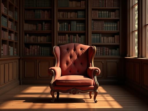 클래식 도서관의 어두운 나무 책장 사이에 위치한 풍부한 질감의 장식이 있는 빈티지 의자, 따뜻한 황금빛 조명과 부드러운 그림자가 우아한 분위기를 만들어냅니다.