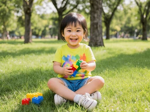 화창한 공원에서 레고 블록을 가지고 즐겁게 노는 3살 아시아계 소녀의 반신 사진, 밝은 색상의 티셔츠와 반바지를 입고 푸른 잔디와 나무들로 둘러싸인 모습.