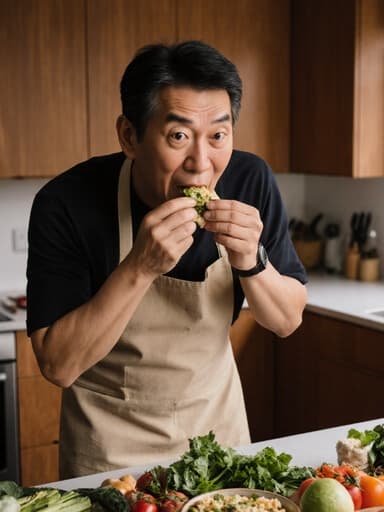 40대 동양인 남성이 주방 앞치마와 편안한 옷차림을 하고, 아늑한 주방에서 다양한 재료로 가득한 조리대 앞에서 음식을 맛보며 놀란 표정을 짓고 점프하는 전신 사진. 주방의 따뜻한 분위기가 장면에 생동감을 더합니다.