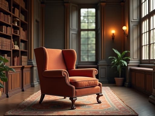 라운지 체어, 가구, 책으로 가득한 클래식 도서관, 세련된 분위기
