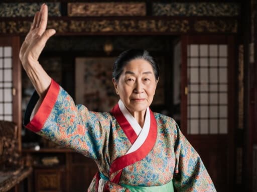 70대 한국인 여성의 반신 상반신 사진으로, 전통 한복을 입고 피곤한 표정을 지으며 손을 들고 춤추는 자세를 취하고 있습니다. 배경은 아름답게 꾸며진 전통 거실로, 따뜻하고 초대하는 듯한 분위기를 연출합니다.