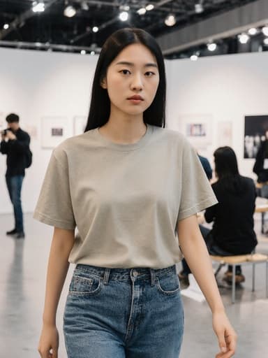20대 동양인 여성이 현대적인 전시실에서 걷고 있는 모습이 반신 촬영으로 담겨 있습니다. 그녀는 편안한 티셔츠와 청바지를 입고 자연스러운 외모를 지니며 무관심한 표정을 짓고 있습니다. 배경은 세미나의 교육적 분위기를 강조하며 현대적인 디자인의 전시 공간을 보여줍니다.