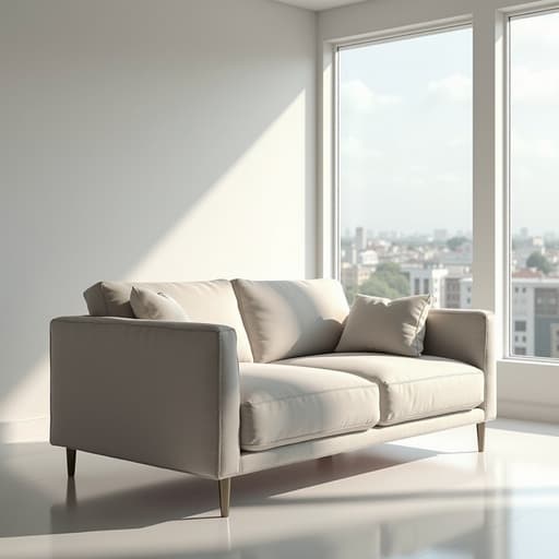 미니멀리스트 스튜디오 배경의 소파, 부드러운 직물 질감과 섬세한 스티칭 디테일로 차분하고 평온한 분위기를 만듭니다.