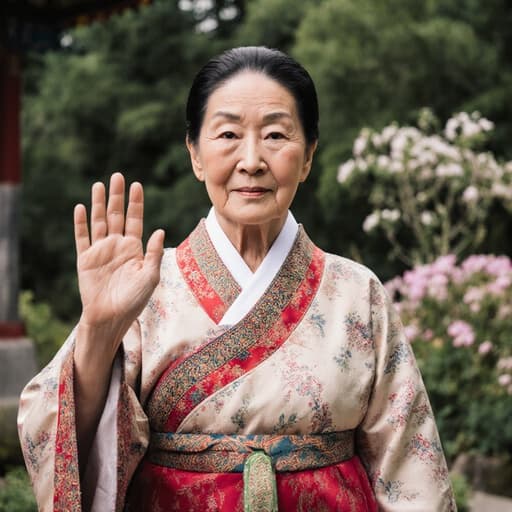 80대 동양인 여성의 반신 사진으로, 전통 한복을 입고 무관심한 표정을 지으며 사람에게 인사하는 모습이 전통적인 정원이 있는 공원에서 촬영되었습니다.