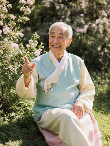 부드러운 파스텔 색상의 전통 한복을 입은 70대 동양인 남성이 공원에 앉아 미소 지으며 감사의 마음을 전하는 모습, 주변의 자연을 가리키고 있으며, 푸르른 나무와 꽃들이 따뜻한 햇살에 비추어 평화로운 분위기를 자아냅니다.