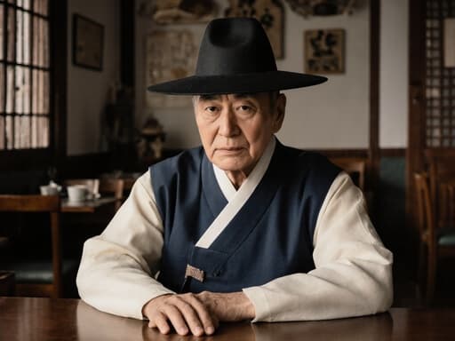 60대 한국인 남성이 전통 한복을 입고, 카페 테이블에 손을 올리고 약간 앞으로 기울어진 반신 상으로, 긴장한 표정을 지으며 깊은 생각에 잠긴 듯한 모습이 따뜻하고 아늑한 전통 한국 카페 인테리어를 배경으로 하고 있습니다.