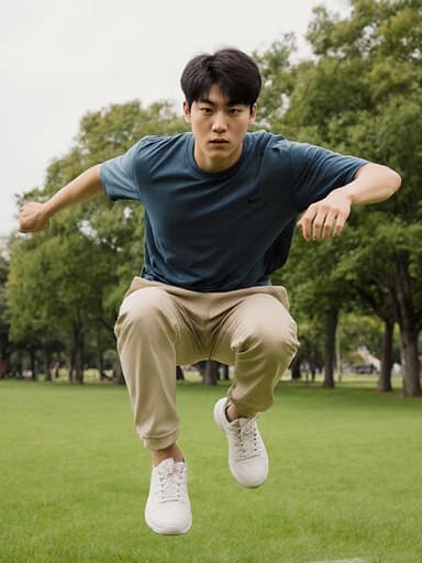 편안한 스포츠웨어와 운동화를 착용한 10대 후반 아시아계 남성이 푸른 잔디와 나무들이 있는 공원에서 점프하며 찡그린 표정으로 집중하는 모습을 담은 전신 사진입니다. 생동감 넘치는 배경이 장면의 에너제틱한 분위기를 강조합니다.