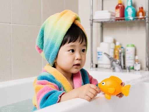 밝은 색상의 목욕 가운을 입고 수건으로 머리를 감싼 3세 아시아계 귀여운 소녀가 욕조 옆에 앉아 장난감 물고기를 가지고 놀며 호기심 어린 표정을 짓고 있는 모습의 반신 사진. 밝고 아늑한 욕실 배경에서 촬영되었습니다.