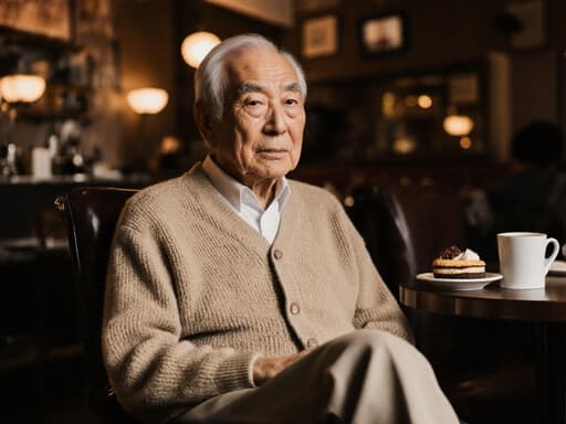 80대 아시아계 남성이 자연스러운 외모로 카페 테이블에 편안하게 앉아 있는 반신 사진입니다. 그는 편안한 카디건과 바지를 입고 있으며, 캐주얼한 스타일을 잘 보여줍니다. 그의 표정은 무관심하며, 따뜻한 분위기 속에서 여유롭게 시간을 보내고 있습니다. 배경은 커피와 디저트가 놓인 테이블이 있는 아늑한 카페 내부로, 초대하고 평화로운 환경을 연출합니다.