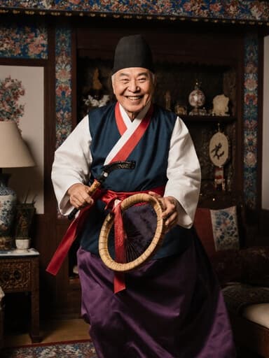 70대 혼혈 남성이 전통 한복을 입고 따뜻한 미소를 지으며 전통 악기를 들고 점프하는 전신 사진, 아늑한 거실과 전통 장식이 배경으로 어우러져 있습니다.
