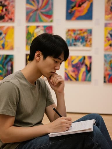 10대 후반의 동양인 남성이 캐주얼한 티셔츠와 청바지를 입고 걱정스러운 표정으로 노트에 글을 쓰는 모습이 반신 샷으로 포착되었습니다. 배경에는 화려한 그림들이 걸린 미술 전시 공간이 있어 집중과 창의성의 분위기를 더하고 있습니다.
