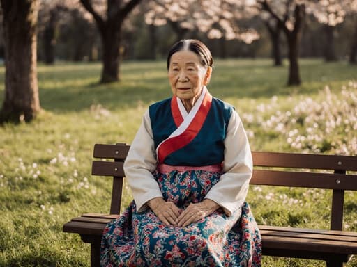 80대 아시아계 여성의 반신 촬영으로, 화려한 색상과 섬세한 자수가 있는 전통 한복을 입고 나무 벤치에 앉아 있습니다. 그녀의 지혜로운 표정과 그리움이 담긴 눈빛은 외로운 감정을 드러내며, 무릎 위에 손을 얹고 고개를 살짝 숙인 자세로 평화로운 공원에서 부드러운 햇살에 둘러싸여 있습니다.
