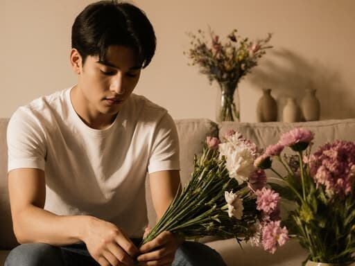 20대 라틴계 남성이 소파에 앉아 꽃다발을 만들고 집중하고 있는 모습입니다. 그는 편안한 티셔츠와 청바지를 입고 자연스럽고 편안한 모습이며, 아늑한 거실 속에서 꽃과 장식물들이 배치되어 있습니다.