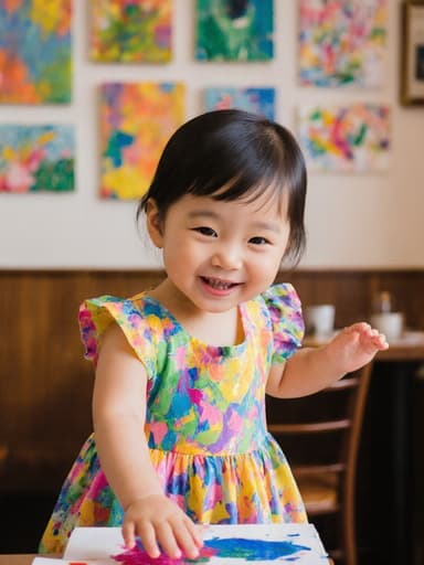 화사한 색상의 원피스를 입고 장난스러운 표정을 짓고 있는 1살 아시아계 여성의 전신 샷. 그녀는 그림을 그리기 위해 몸을 스트레칭하고 있으며, 창의성과 기쁨의 본질을 포착하고 있습니다. 배경은 다양한 그림이 걸린 아늑한 카페 내부로, 이미지의 예술적 주제를 강조합니다. 따뜻한 조명과 초대하는 분위기의 카페는 소녀의 생동감 넘치는 의상과 장난기 있는 태도를 보완하여 조화롭고 매력적인 장면을 만듭니다.