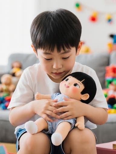 7세 동양인 남성이 아늑한 거실에서 편안한 티셔츠와 반바지를 입고 사랑스러운 표정을 지으며 인형을 두 손으로 부드럽게 감싸고 있는 모습의 반신 촬영. 배경에는 다양한 장난감이 놓여 있어 따뜻하고 매력적인 분위기를 자아낸다.